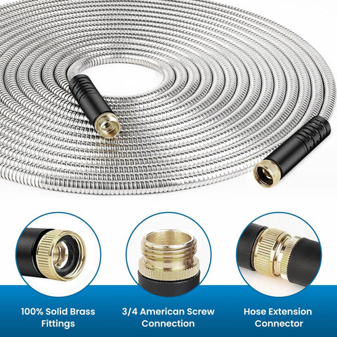 Garden Hose 100FT metal braided hose with brass 3/4 in fittings and leak-proof connectors