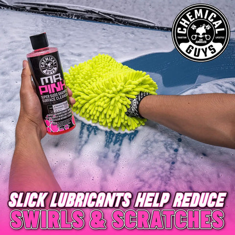 Mr Pink Foaming Car Wash Soap for Foam Cannons and Buckets, Safe for Cars Trucks Motorcycles RVs, Candy Scent, 473 ml by Chemical Guys held with a cleaning cloth.
