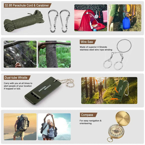 Collage of 32.8ft parachute cord, carabiners, wire saw, whistle, compass, and outdoor scenes from 238 Piece Emergency Survival Kit And First Aid Kit With Tactical MOLLE Pouch And 4 In 1 Shovel And Pick Emergency Tent And Blanket Must Have Gear For Earthquake Prep Camping Hiking Hunting And Outdoor Adventure