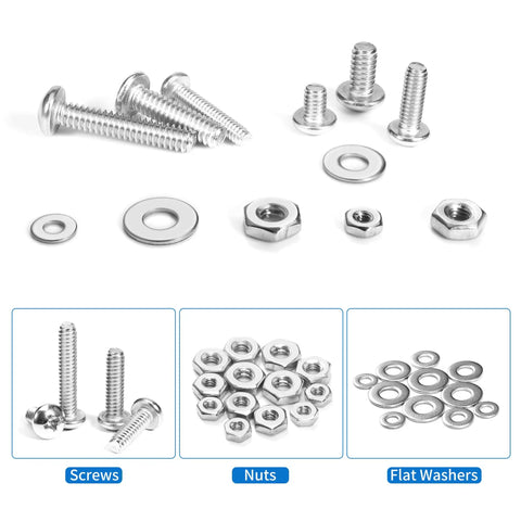 720 Piece Stainless Steel Machine Screw Kit With Case Including Phillips Pan Head Nuts Bolts And Flat Washers SAE Sizes 10 24 8 32 6 32 4 40 For Home DIY Projects, close-up of screws, nuts, and washers.