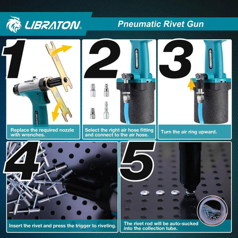 Beefy Heavy Duty Pneumatic Rivet Gun Kit With Self Suction Design in instructional steps for auto repair and construction use