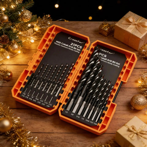 Ultra Tough M35 Cobalt Drill Bits Set For Hardened Metals And Stainless Steel, 21-Piece TiAlN Coated Three-Flute Bits displayed in an orange case