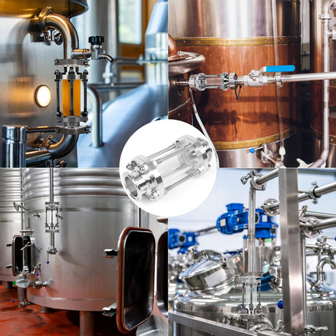 In-line sight glass with 1.5-inch tri-clamp, 38 mm OD, stainless steel sanitary process piping.