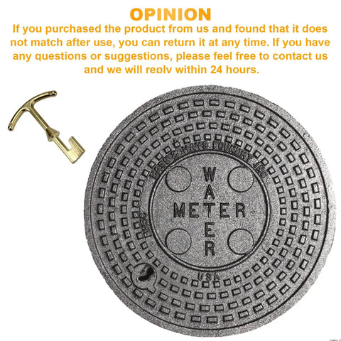 Water Meter Key And Lid Opening Tool For Valve Box 5.5 Inch Length Heavy Duty Metal T Wrench Hook next to a water meter lid.