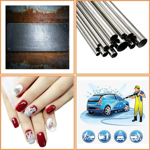 Variety image with metal plate, stainless steel tubes, manicured nails, and car wash illustration