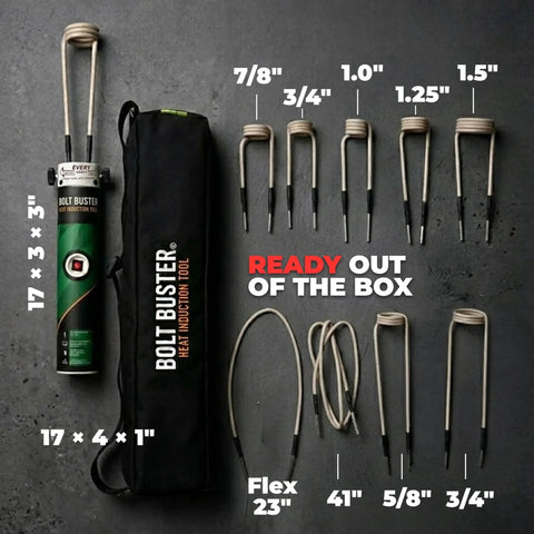 Bolt Buster 1800W magnetic induction heater kit, front view with coil attachments and carrying bag