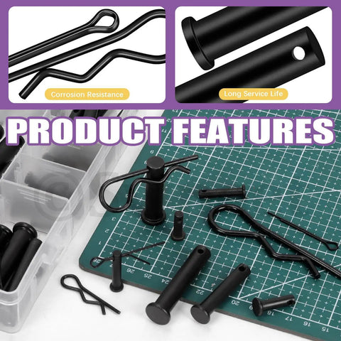 100 Piece Clevis Pin And Cotter Pin Kit With 10 Sizes Flat Head Pins R Pins Hairpins And Split Pins displayed on mat