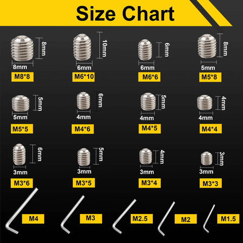 Set Screws Assortment Kit With Allen Keys 240 Pieces Stainless Steel 304 Cup Point Hex Socket Set Screws In Metric M3 Through M8 Great For Bathroom Fixtures Door Knobs Faucets Plumbing And More size chart display
