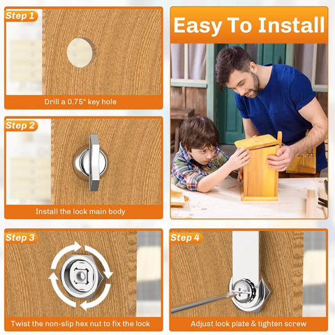 Installation steps for Five Eighths Inch Thumb Operated Offset Cam Lock Set Keyless Five Piece Compartment Lock shown with child and father.