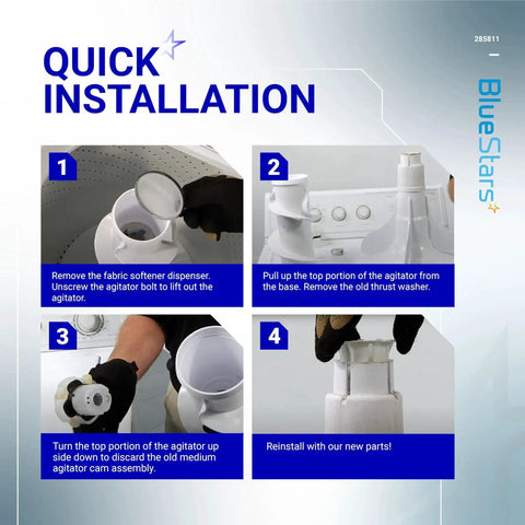 Agitator repair kit 285811 for Whirlpool/Kenmore washers; quick-installation guide with BlueStars branding