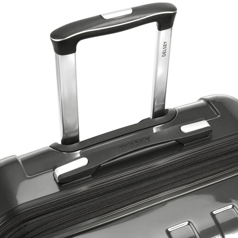 Close-up of handle on Lightweight Expandable Hardside Luggage With Four Double Spinner Wheels And A Crack Resistant Polycarbonate Shell In Brushed Charcoal