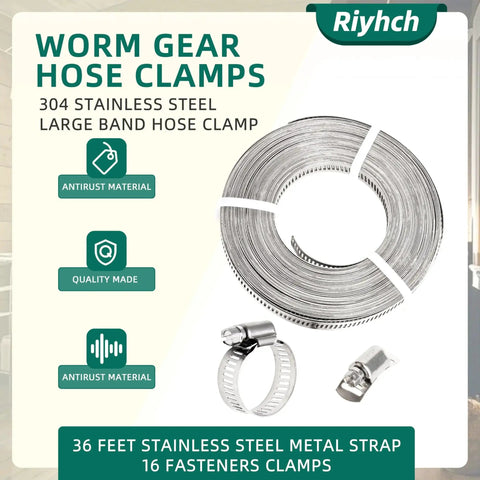 36 Ft Hose Clamp Kit With 304 Stainless Steel Large Band Clamps And 16 Heavy Duty Fasteners displayed on packaging