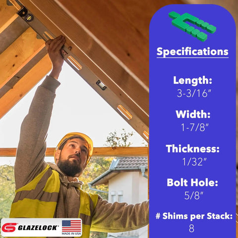 Construction worker leveling roof with Plastic Peel Away Stackable Shims For Leveling 2000 Piece Set, 3 3/16 Inch Length.