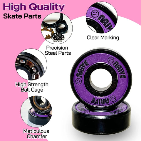 Naivskb 608 skateboard bearings, neon purple 8mm, 16-pack with precision steel parts and high-strength ball cage