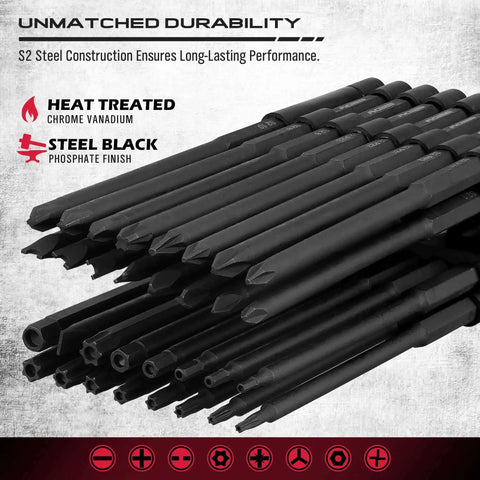 Close-up of Extra Long Security Bit Set 32-Piece S2 Steel Screwdriver Drill Bits, showing S2 steel construction and phosphate finish.