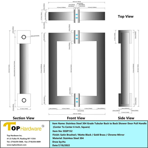 Technical drawing of Stainless Steel 304 Grade Tubular Back to Back Shower Door Pull Handle 6 Inch Center to Center Square Satin Brass Finish.