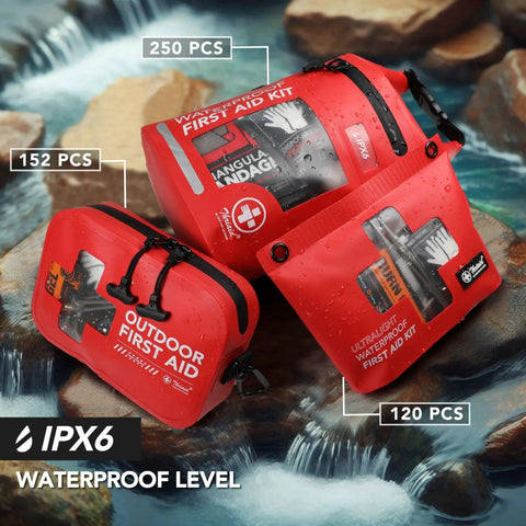 Waterproof 152 Piece First Aid Kit In Red Portable Dry Bag For Boating Camping Fishing And Kayaking Ultra Durable IPX6 Emergency Kit