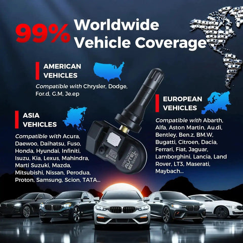 Set Of 4 MaxiTPMS Tire Pressure Sensors With 315MHz And 433MHz Snap In 1MX Rubber Stem displayed with vehicle compatibility map.