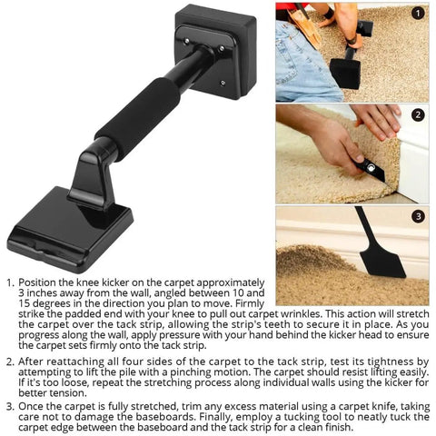 Carpet Knee Kicker 16.5 Inch For Low Pile And Flat Carpets, light duty tool with forward angled teeth shown in use for carpet installation