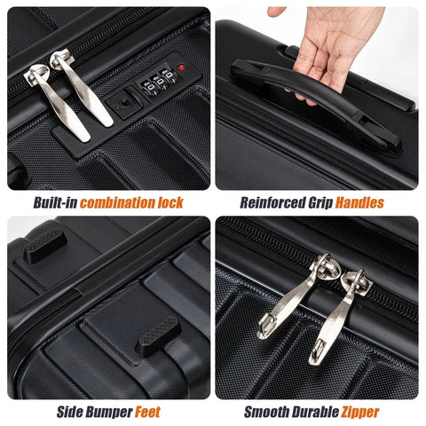 Close-up of 5 Piece Luggage Set With Spinner Wheels ABS Hard Case Suitcases including combination lock and reinforced handle features