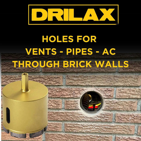 Two Inch Diamond Masonry Hole Saw For Concrete Brick And Stone Pro Grade Durable Heavy Duty Dry Core Drill Bit With Three Eighths Inch Shank Deep Cut For Clean Holes In Concrete Brick Stone Granite Marble And More By Drilax displayed next to a drilled hole in a brick wall.
