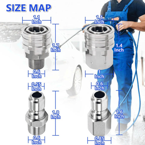 Heavy Duty Stainless Steel Quick Connect Pressure Washer Fittings Kit For Three Eighth Inch Hoses Easy Install 8 Piece Pro Grade Adapter Set With Male And Female NPT Threads Ridge Washer shown with size dimensions and person using pressure washer.