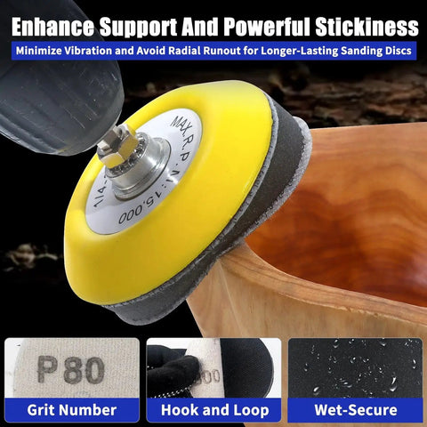 Close-up of a 3 Inch Sanding Disc Kit For Drill Polishing Wet Dry Headlight Restoration on a wooden surface with grit details.