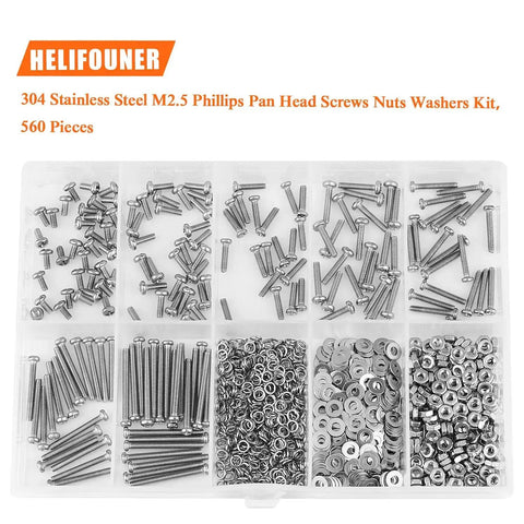 All In One Stainless Steel M2.5 Machine Screw Kit With Phillips Pan Head, 7 Sizes From 4mm To 20mm, Includes Hex Nuts, Lock Washers