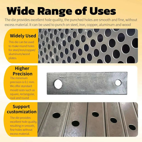 Heavy Duty Round Punch Die for CH-70 Hydraulic Press, showcasing precise hole punching on metal sheets with 14.5mm opening.