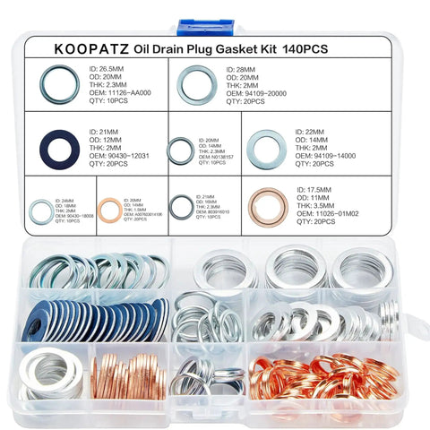 140 Pcs Oil Drain Plug Gasket Assortment Kit For Toyota Honda Subaru VW Audi Mercedes Benz With Premium Aluminum Copper Crush Washers And Seals OEM Numbers Included displayed in a plastic case with compartments showing various size washers.