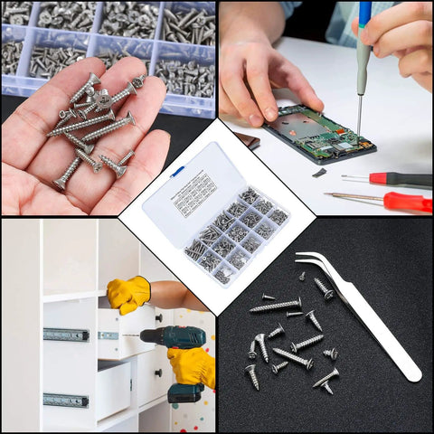 595 Pcs Self Tapping Screws Assortment Kit With Flat Head Phillips Drive For Wood And Metal, M2 M3 M4 stainless steel screws in use