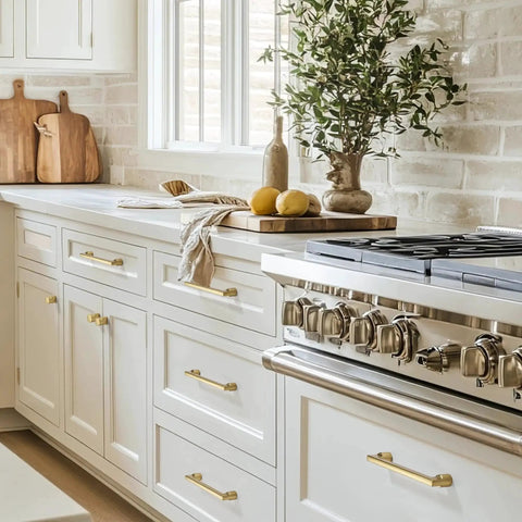 Modern kitchen with Champagne Bronze Cabinet Knobs 10 Pack Modern Gold Pulls on white cabinets and drawers