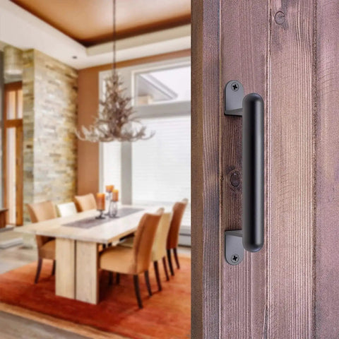 9 Inch Black Metal Barn Door Pull Handle For Sliding Doors Gates And Garages Heavy Duty Exterior And Interior Use Installed on Wooden Door