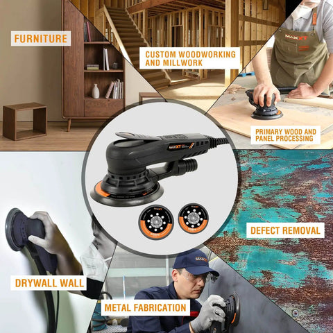 Powerful Random Orbital Sander With Brushless Motor, 5 And 6 Inch Pads, Central Vacuum Dust Collection for woodworking, drywall, metal