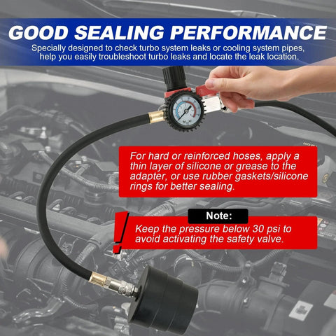 Turbo System Leakage Tester Kit DASBET with gauge, valve, and adapter for leak detection in automotive engines.