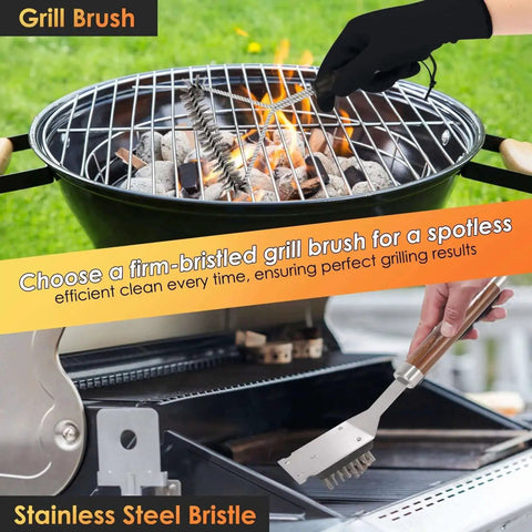 Person using stainless steel brush on BBQ grill from 34 Piece Heavy Duty BBQ Grilling Accessories Kit For Outdoor Grilling And Camping With Stainless Steel Utensils Spatula Tongs Fork Meat Knife Basting Brushes Cleaning Brushes Meat Injector Salt Pepper Shakers Corn Holders Skewers Grilling Glove And Bag