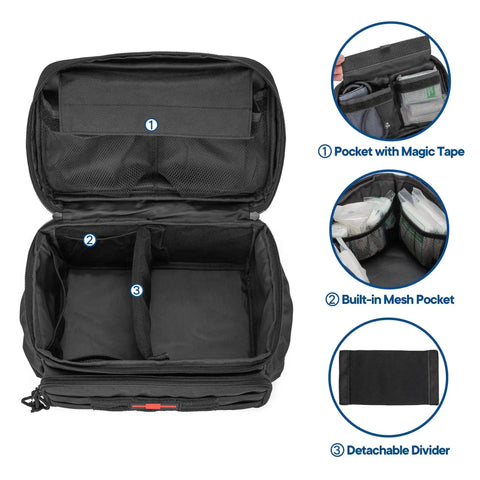 Open Durable 600D Nylon First Aid Kit Bag With Quick Access Top Mesh Pockets And Three Inner Pouches, showing compartments