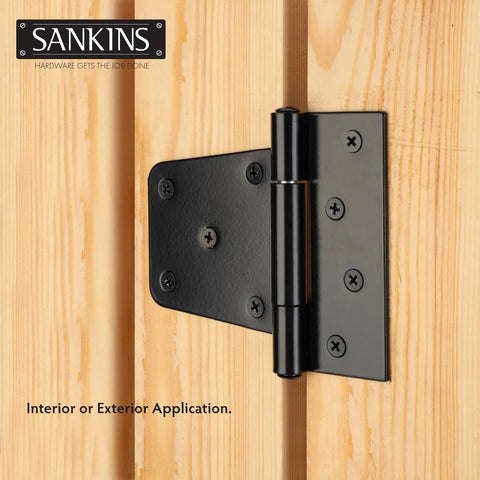 Heavy Duty Gate Hinges Three And A Half Inch Black Iron With Rust Resistant Powder Coat on wooden gate