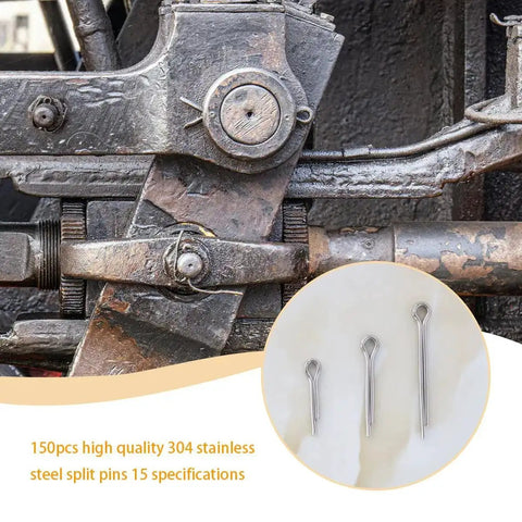 150 Pcs 304 Stainless Steel Cotter Pins Assortment Kit With 15 Sizes Split Pin Fasteners For Automotive Mechanics And Small Engine Repair A Handy Must Have Fix It Kit For DIYers shown with industrial equipment backdrop.