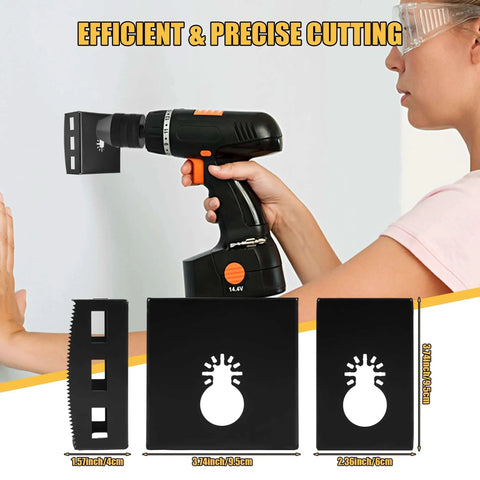 Square Slot Cutter For Drywall And Wood Holes Heavy Duty Pro Grade Upgraded Stainless Steel Electrical Box Cutter One Step In Place Compatible With DeWalt 20V And Milwaukee M18 Oscillating Tools Durable Outlet Cutters 2 Pack demonstrated with a drill on a wall.