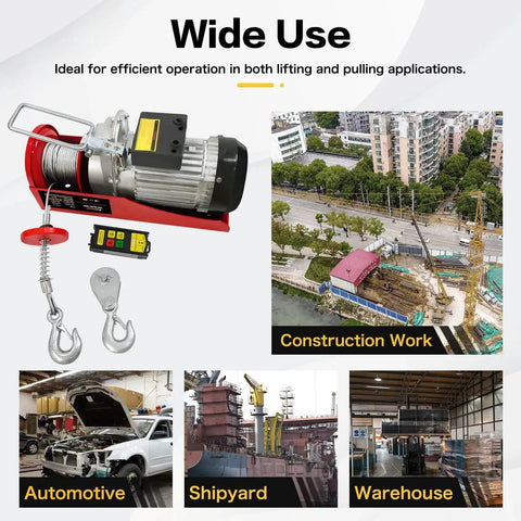 Electric Hoist 2200 Lbs Winch 110V With Wireless Remote Control Emergency Stop shown with usage examples in construction, automotive, and shipyard.