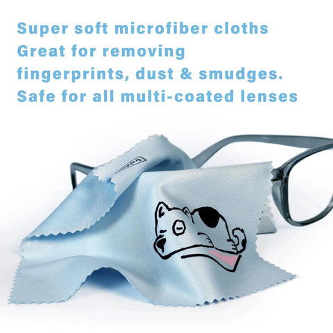 Microfiber Cleaning Cloths 10 Pack For Screens Eyeglasses And Phones Dog Design shown with glasses