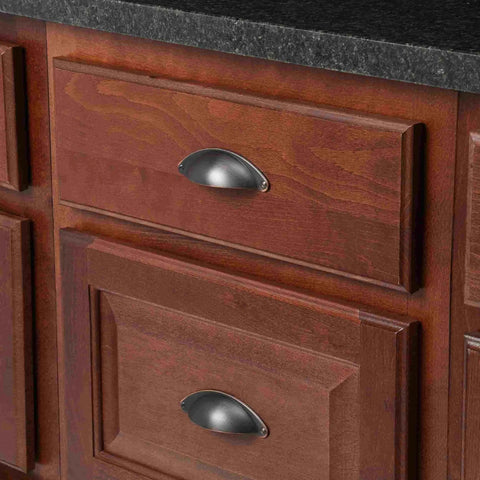 Oil Rubbed Bronze Cup Pulls 3 Inch Center To Center Cabinet Hardware Pack Of 5 with mounting hardware installed on wooden drawers