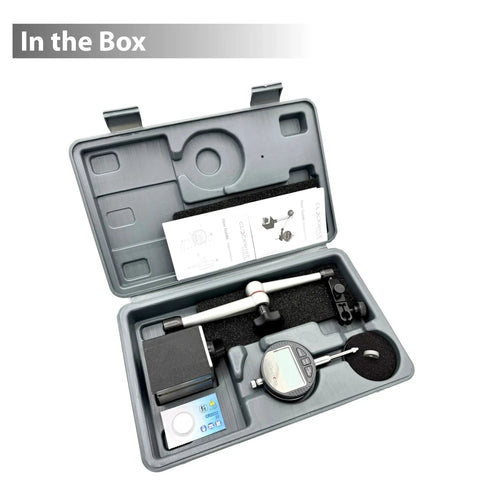 Open case showing Pro Grade Digital Indicator With Magnetic Base Stand For Precision Measurements 0 To 1 Inch 25.4mm Dual Inch And Metric Readouts.