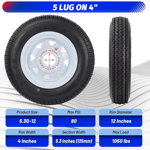 Two Pack 5.30-12 Trailer Tires On 12 Inch Rims With Five Lug On 4.5 Inch Bolt Pattern, side and front view, product specifications.