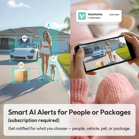 2K HD Battery Wireless Doorbell Camera With Ring Chime showing AI detection for people, vehicles, pets, and packages in use.