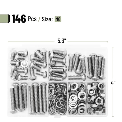 Nuts And Bolts Assortment Kit With 146 Pieces Stainless Steel Hardware Set Including M6 Screws In 7 Sizes Visible