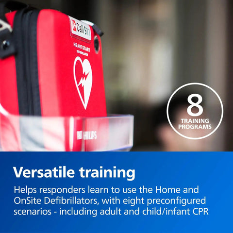 HeartStart AED Defibrillator Training Kit with zippered carry case, shown with 8 training programs for realistic CPR practice.