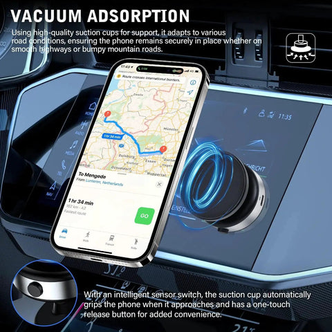 Front view of black 360° rotatable car magnetic phone holder with vacuum suction mounted on the dash.