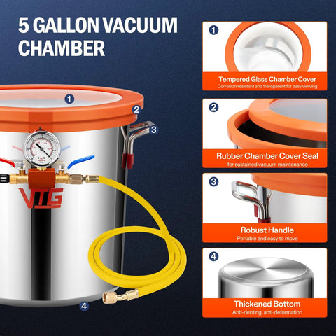 VTG VOGTEN 5-Gallon vacuum chamber with tempered glass lid and stainless steel body; gauge and yellow hose visible